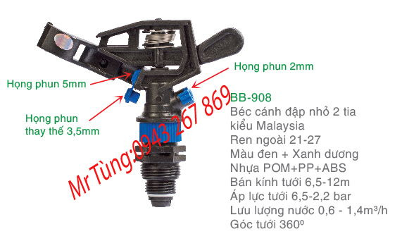 Béc tưới cánh đập trung hai tia BB-908 Bảo Bình